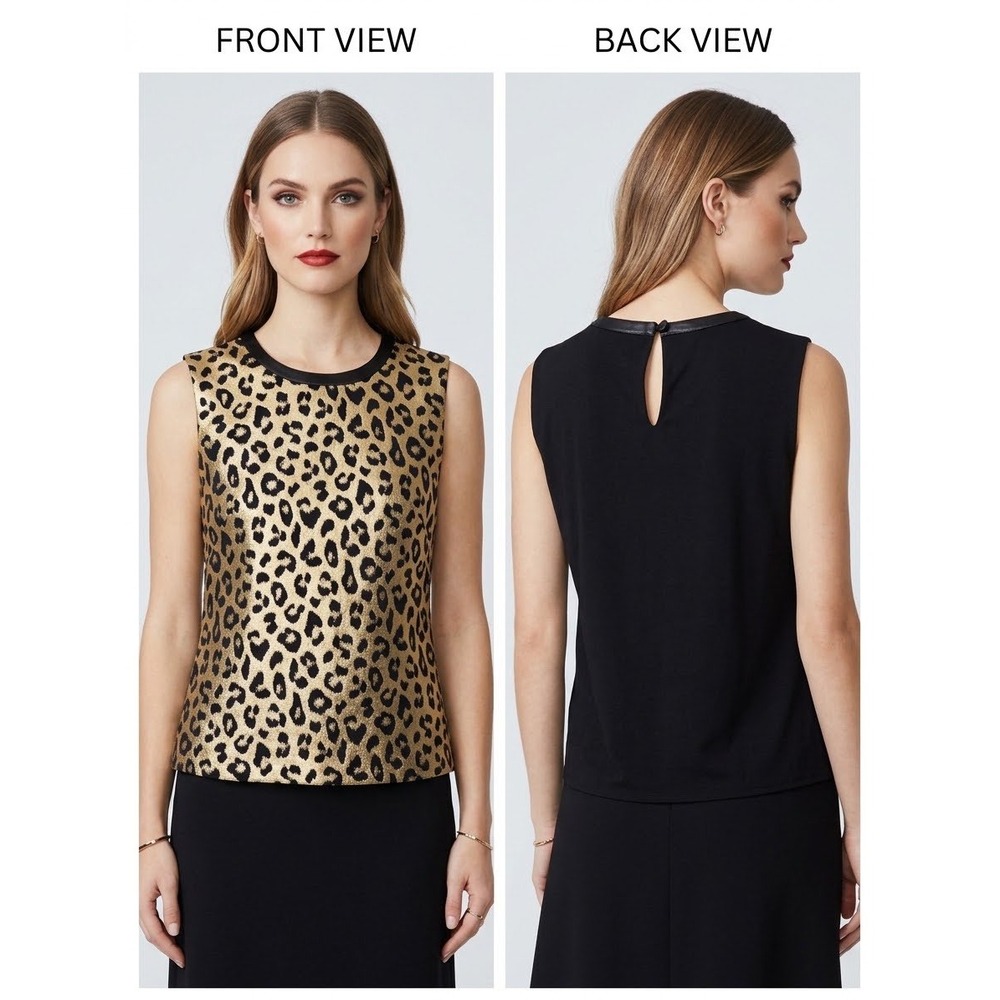 Milly Gold Metallic Leopard Print Leather Front Sleeveless Top Black Size 6